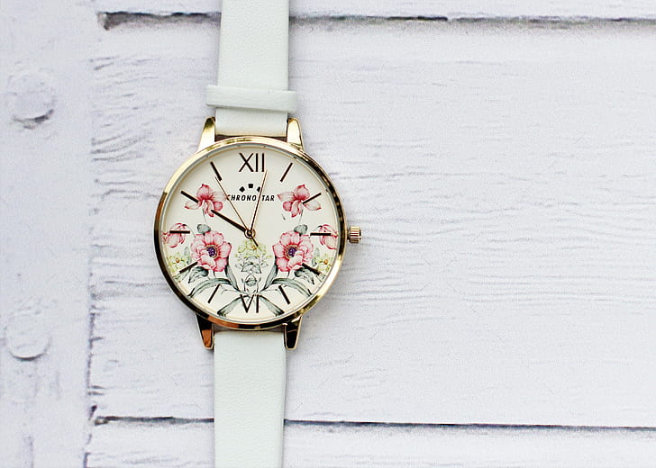 round white floral analog watch with white leather strap