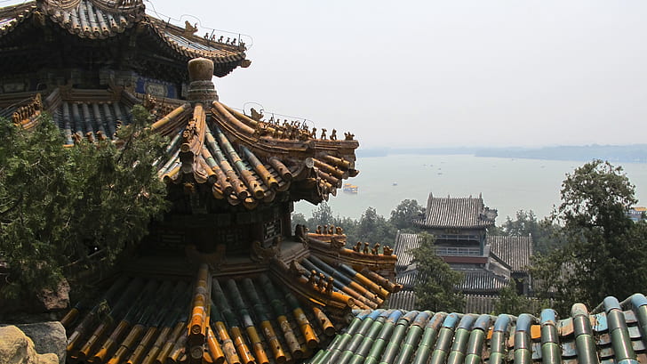 photography of temple roof and body of water during daytime