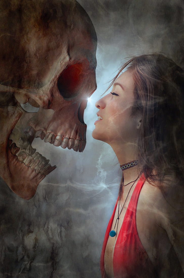 woman wearing red tops facing skull digital wallpaper