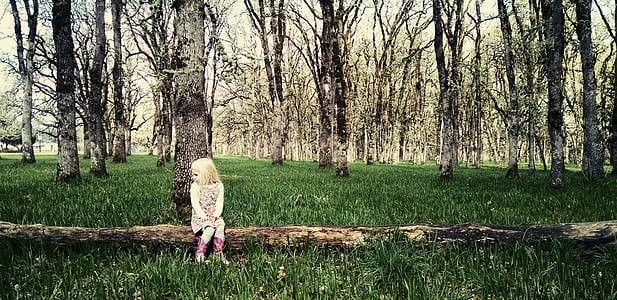 girl sitting on tree log with surrounded by trees