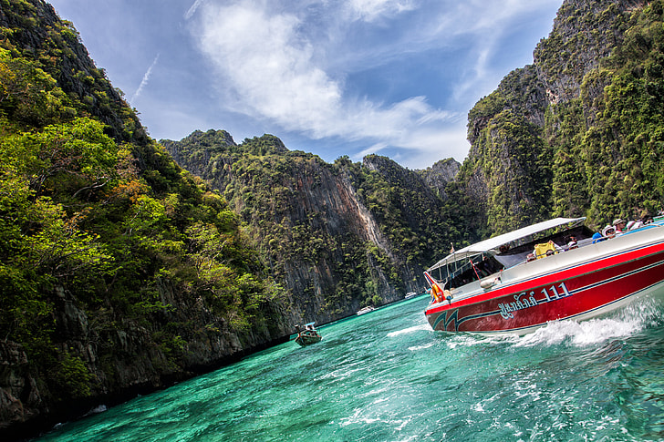 Wide-angle image captured from a boat in the Phi Phi Islands, Krabi, Thailand