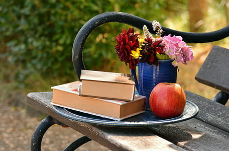 two books beside apple on tray during daytime