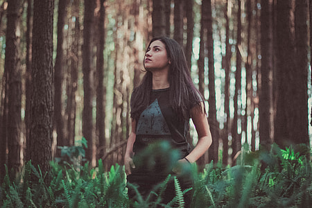 woman wearing black and blue crew neck shirt standing in the middle of green ferns and brown trees looking up
