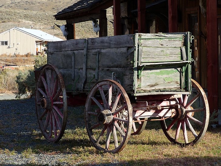 green and brown carriage beside house