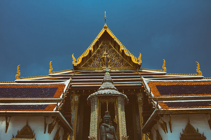 Wide angle shot of a classic old temple in Bangkok, the capital of Thailand
