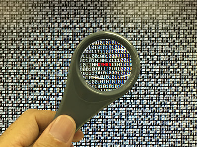 person, magnifying glass, red, text, password, security