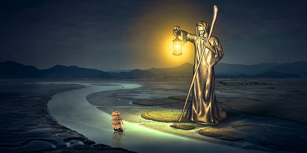 God of water holding lantern digital wallpaper