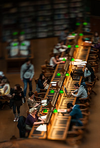 selective photography of people on desk inside library