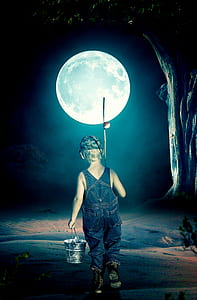 boy holding fishing rod and pail during night time illustration