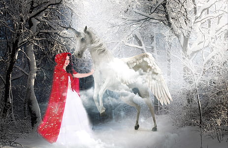 woman in red cape touching white unicorn