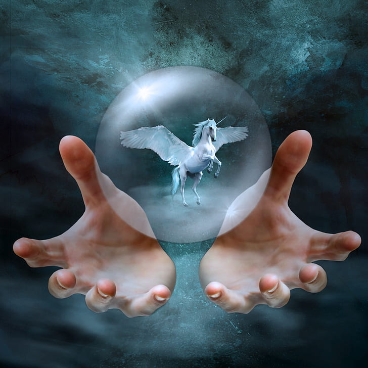 white Pegasus inside clear crystal ball