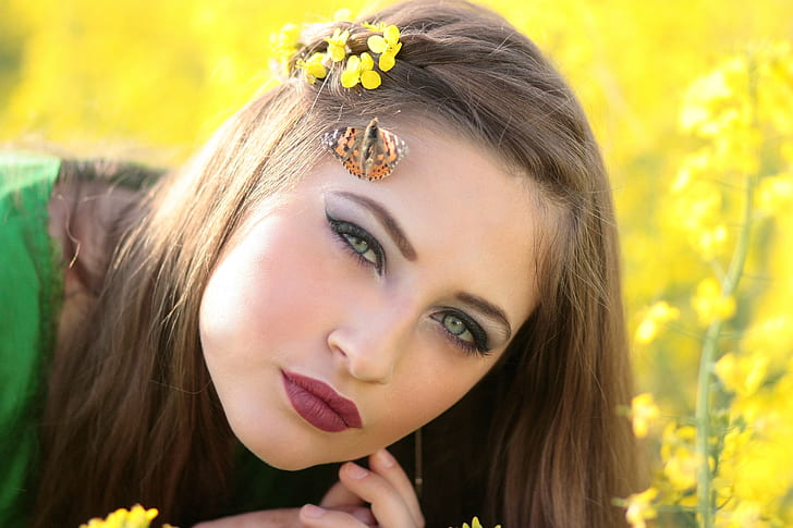 girl, butterfly, camp, flowers, yellow, beauty