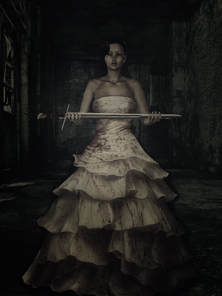 3D illustration of a woman in white dress holding a sword