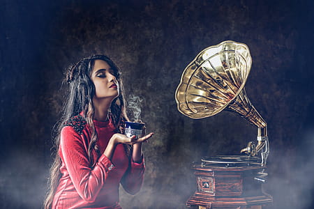 woman near gramophone