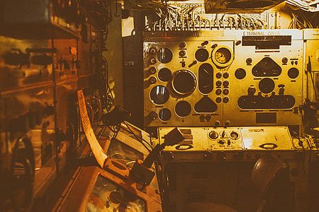 This is the interior control room from an old Navy warship boat, image taken at Chatham Dockyard in Kent, England
