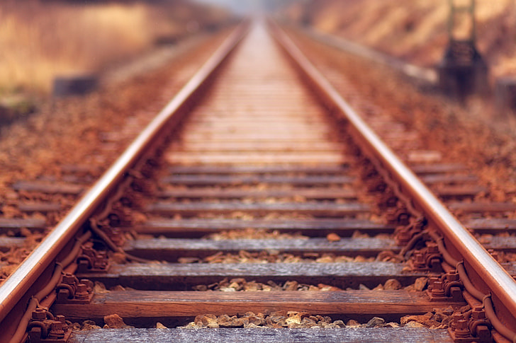 brown, metal, rail, green, soil, train track
