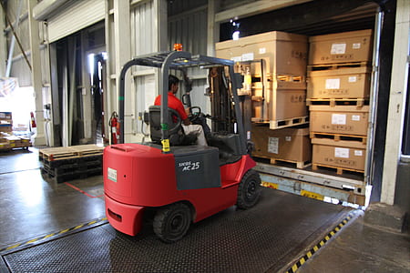 man riding on red and gray forklift