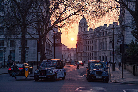 London taxis captured at sunset around Westminster in Central London, image taken with a Canon DSLR