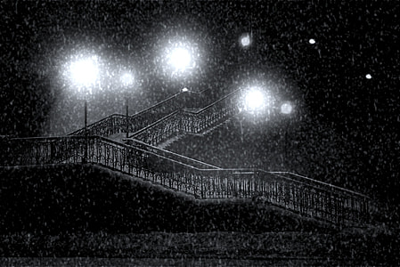 grayscale photography of staircase during night time