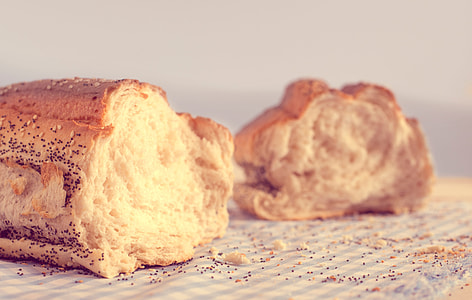 baked bread on white and blue table cloth