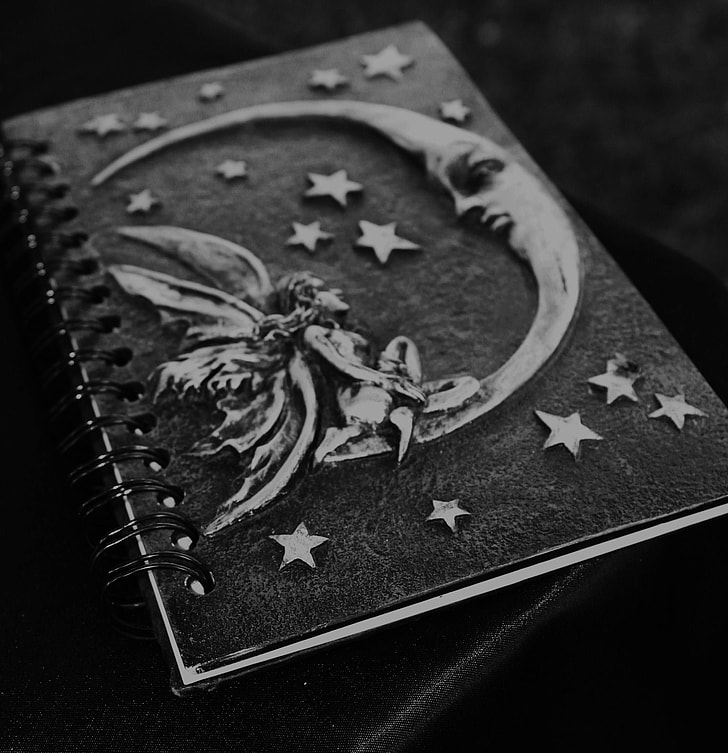 black and gray notebook with embossed crescent moon and fairy design