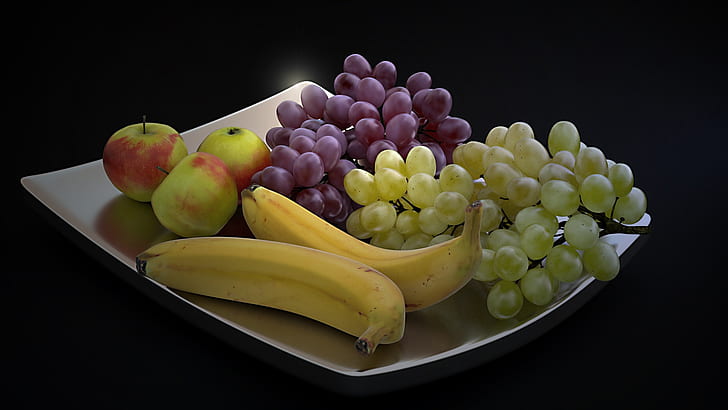 banana, grapes and apples on plate