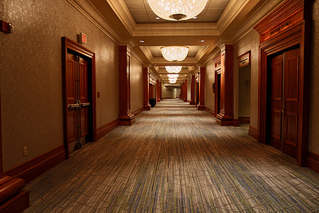 hallway beside brown wooden doors