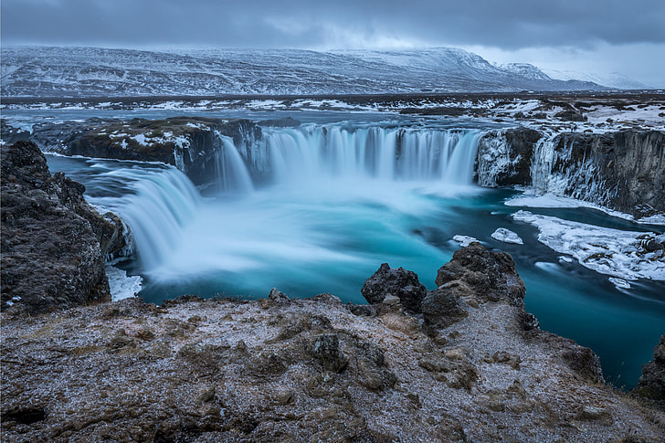 Waterfalls and winter snow in Iceland