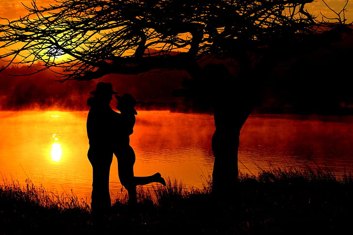 silhouette photo of couple hugging near body of water