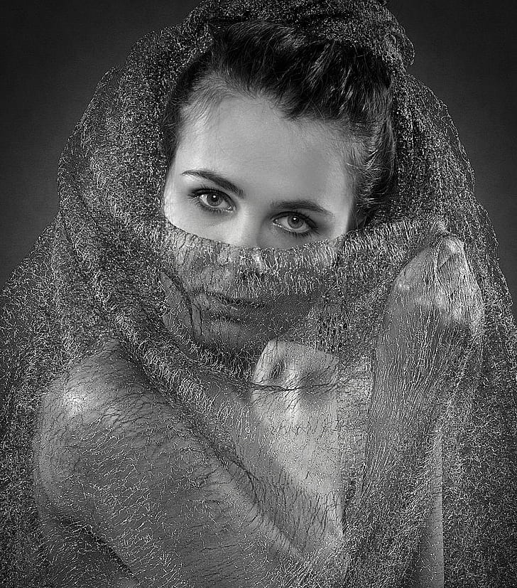 grayscale photo wearing scarf