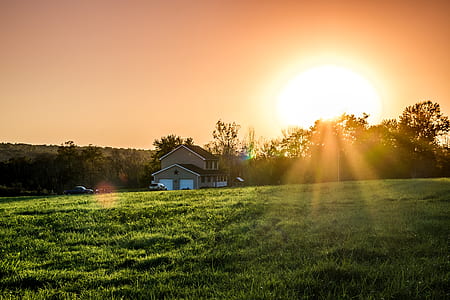 Green Field and Brown and White House during Sunrise