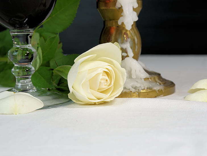 yellow rose beside two candle holders