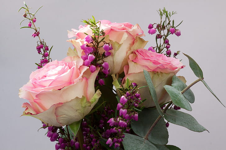pink roses and purple bellflowers arrangement
