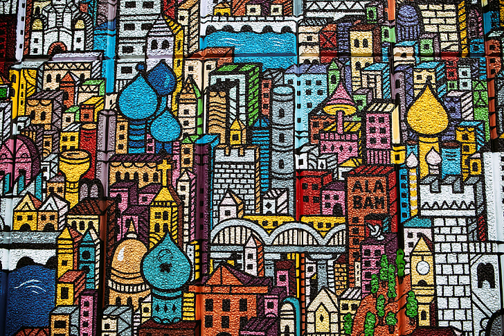 Street art depicting city buildings