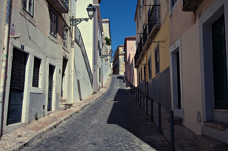 Wide-angle shot of a quiet side street in Lisbon, Portugal. Image captured with a Canon DSLR