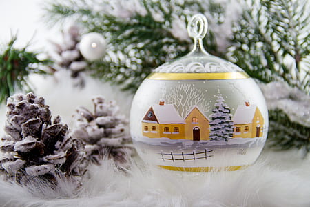 gold and white christmas village bauble