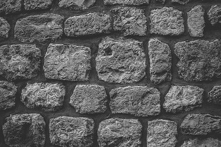 Black and white image of a textured stone wall