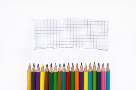 assorted-color color pencil lined up in front of ripped grid paper