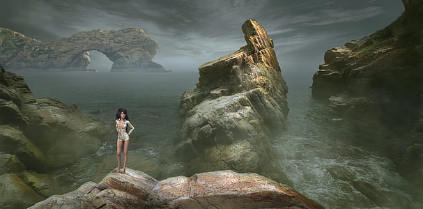 woman on rock formation game application