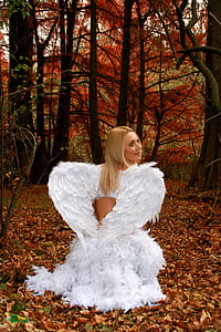 woman with angel wings on dried leaves photo
