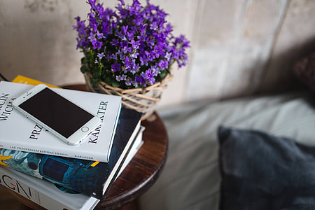 Books and purple flowers on a wooden stool by the bed