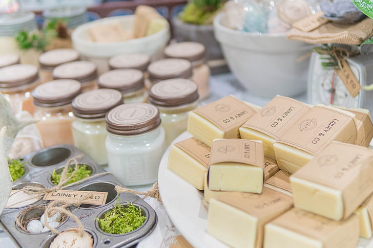 selective focus photography of square beige soap lot