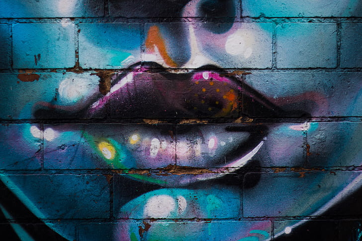 lips, graffiti, wall, face, paint, blue