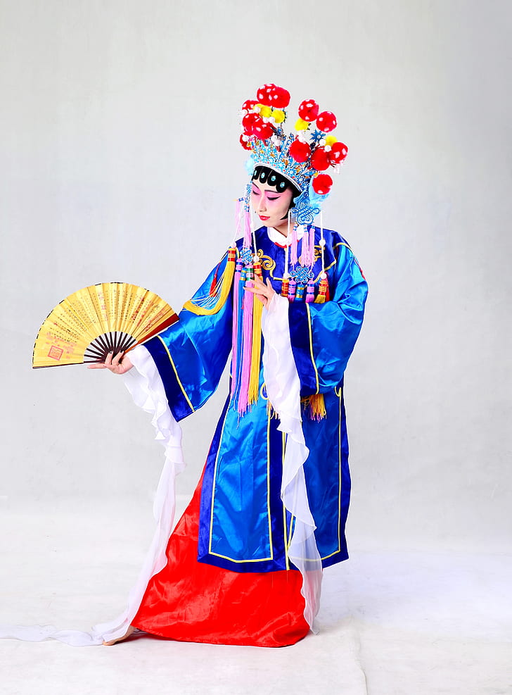 woman wearing blue, white, and red traditional coat
