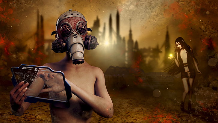 man wearing gas mask video game digital wallpaper