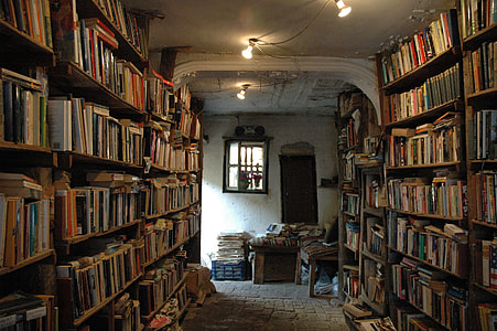 book lot in bookshelf