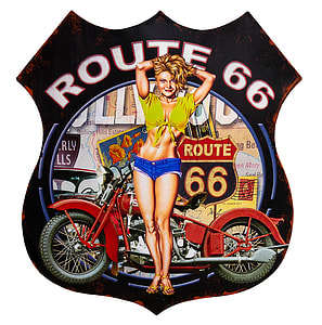 woman wearing yellow crop top and blue daisy duke near red chopper motorcycle Rout 66 illustration