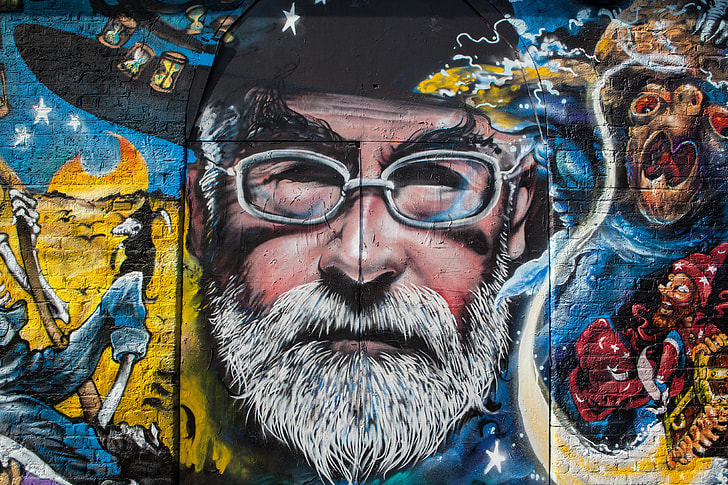 Street art mural depicting the late Terry Pratchett, English author