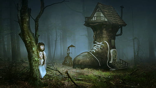 two girls near the boot house in the forest wallpaper