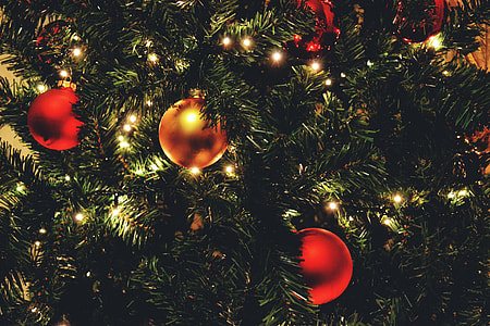 Closeup shot of Christmas tree lights and decorations